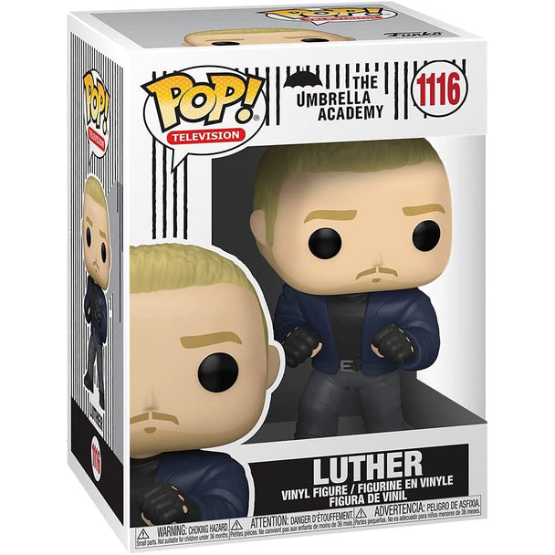 Vue rapprochée de la figurine Funko POP Luther Umbrella Academy montrant les détails du visage et costume