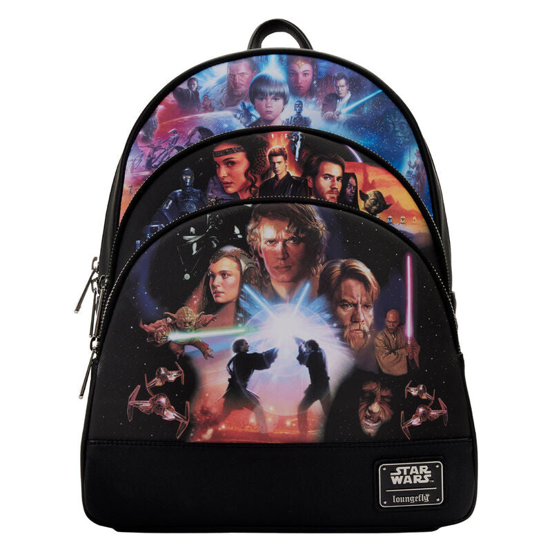 Vue avant du sac à dos Loungefly Star Wars Trilogie Préquelle en cuir vegan avec imprimés colorés