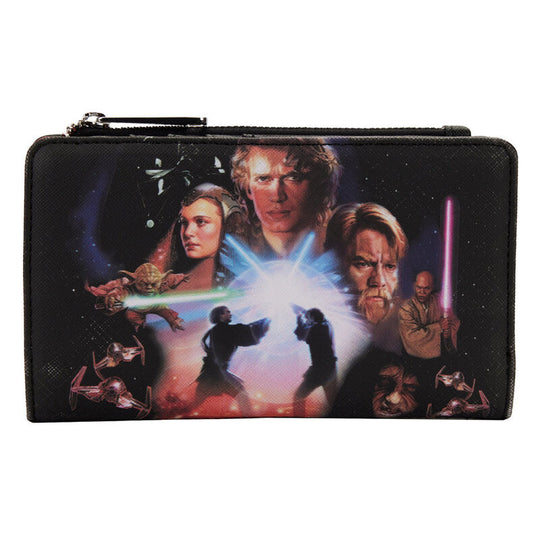 Vue de face du portefeuille Loungefly Star Wars Trilogie Préquelle en cuir vegan avec fermeture zip et bouton-pression