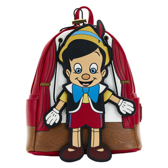 Sac à dos Loungefly Disney Pinocchio vu de face avec détails brodés et appliques mobiles