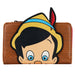 Vue de face du portefeuille Loungefly Disney Pinocchio en simili cuir vegan avec fermeture éclair et détails brodés