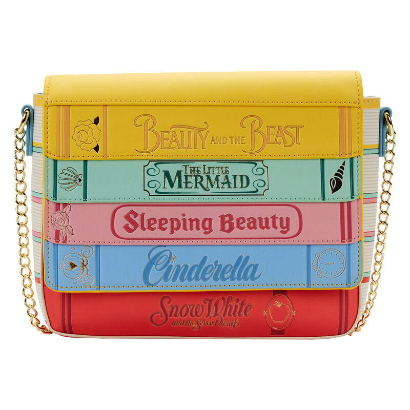 Vue de face du sac bandoulière Loungefly Disney Princess Books Classics en cuir vegan avec chaîne dorée