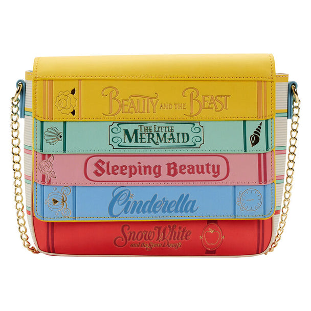 Vue de face du sac bandoulière Loungefly Disney Princess Books Classics en cuir vegan avec chaîne dorée