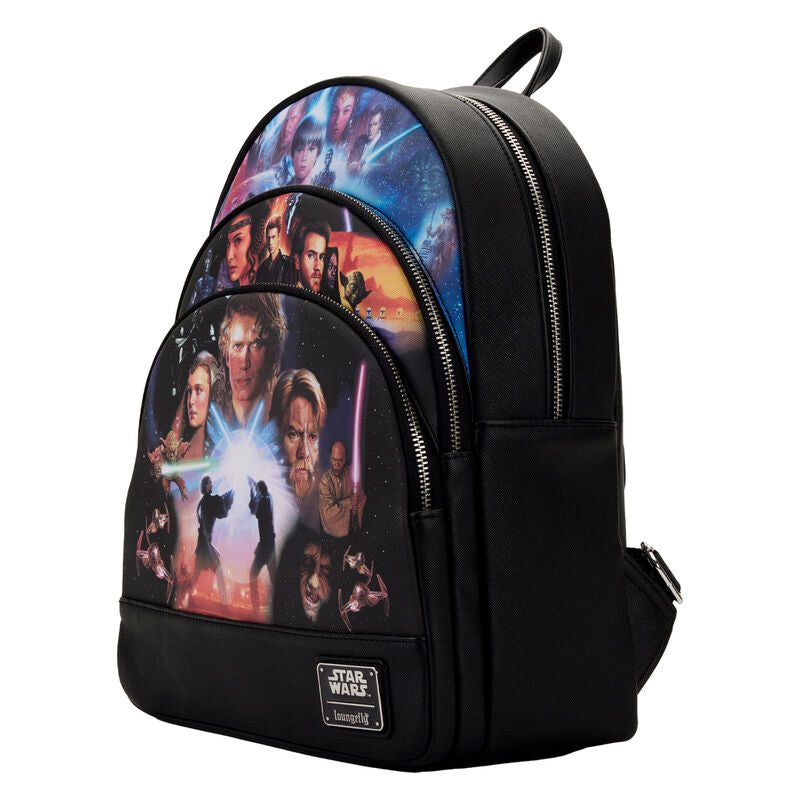 Zoom sur les ferrures métalliques robustes et les coutures du sac à dos Loungefly Star Wars
