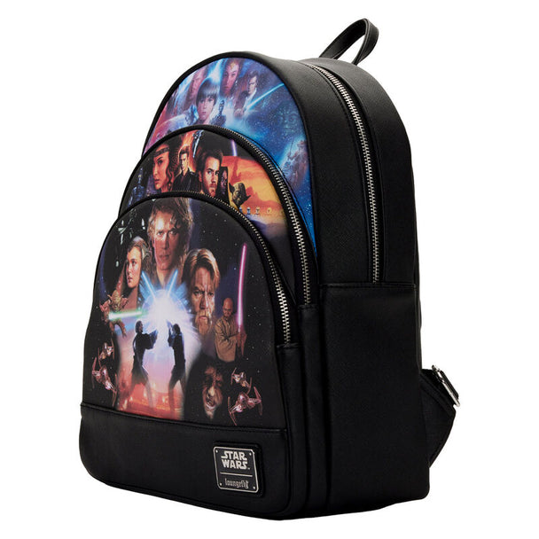 Zoom sur les ferrures métalliques robustes et les coutures du sac à dos Loungefly Star Wars