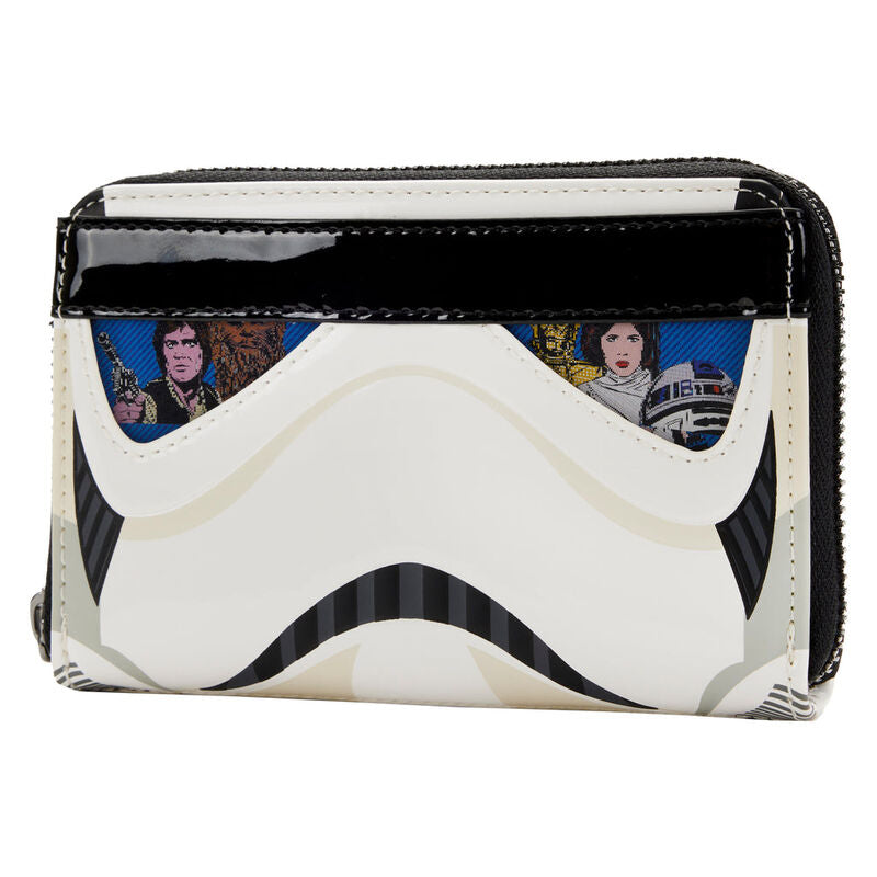 Détail de la fermeture éclair gunmetal avec charm en émail représentant un élément Star Wars sur le portefeuille Loungefly