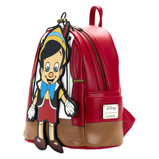 Gros plan sur la quincaillerie dorée robuste du sac à dos Loungefly Disney Pinocchio