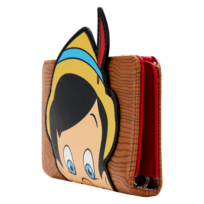 Vue arrière du portefeuille Loungefly Pinocchio mettant en avant la qualité du simili cuir et le logo doré