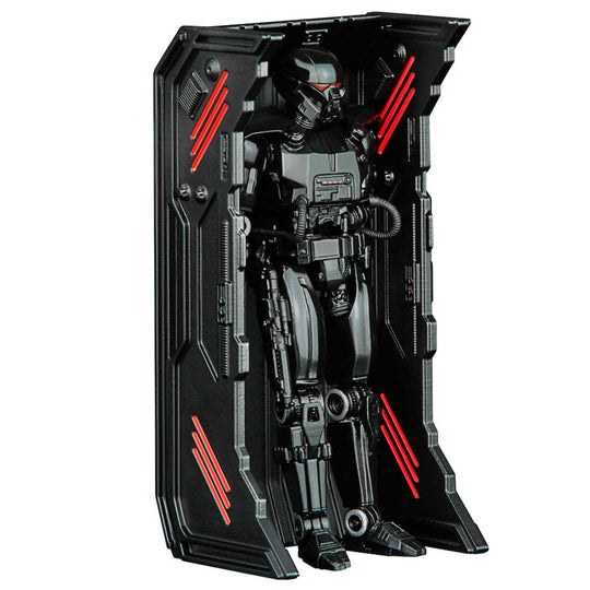 Figurine Dark Trooper en position dynamique avec accessoires sur fond neutre