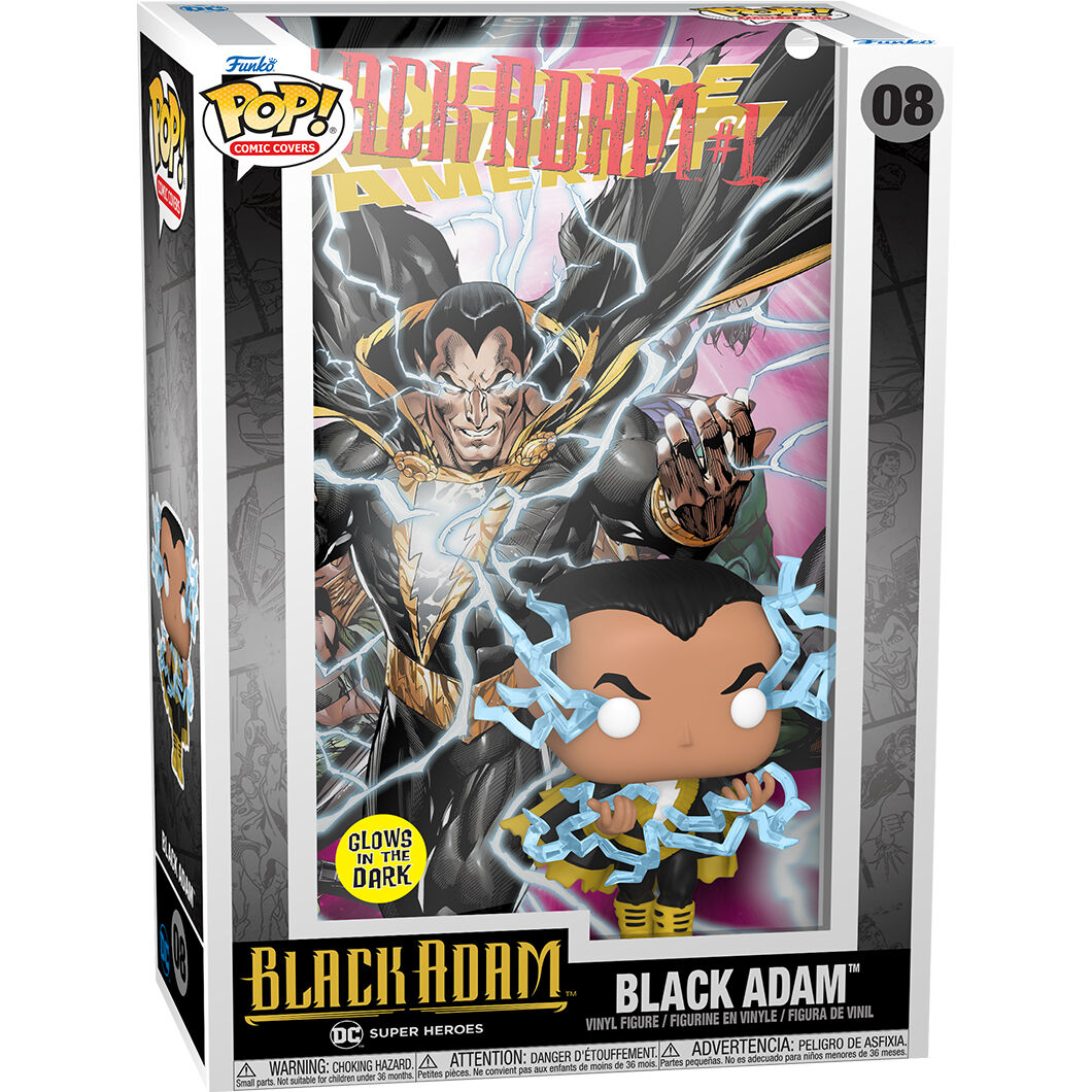 Figurine POP Black Adam FUNKO présentée sur un socle, avec une vue latérale mettant en valeur la posture dynamique