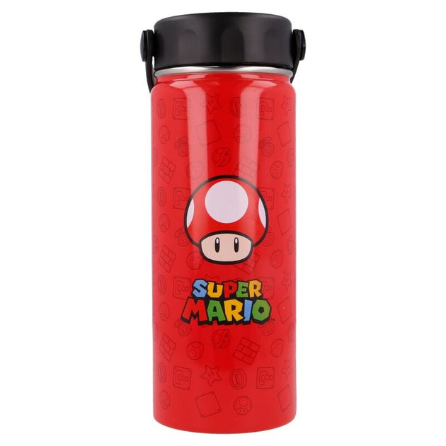 Vue rapprochée du bouchon anti-goutte avec poignée intégrée de la bouteille STOR Super Mario