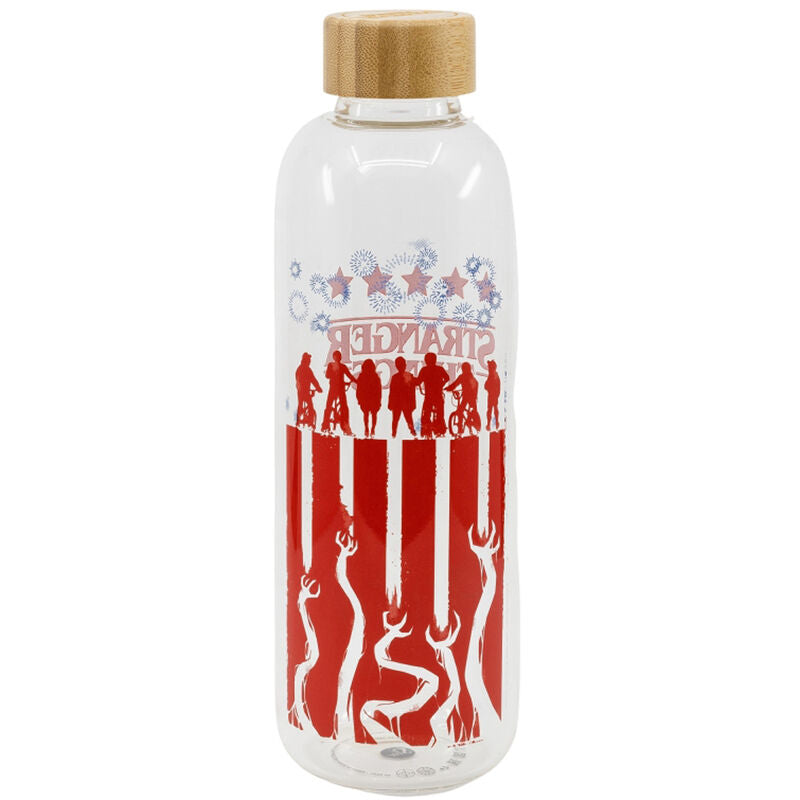 Bouteille écologique en verre borosilicate décorée avec les personnages célèbres de Stranger Things