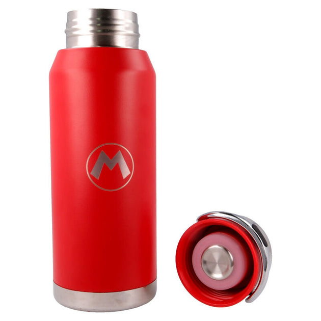 Vue latérale de la bouteille inox Super Mario Bros avec détails de la poignée et finition brillante