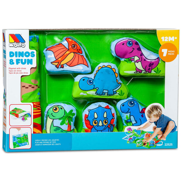 Vue rapprochée de la tapisserie Dino MOLTO montrant les 6 dinosaures colorés sur fond tissu