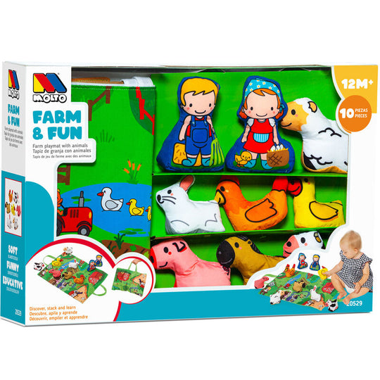 Vue d'ensemble du tapis de jeu ferme MOLTO avec illustrations colorées de Lily, Marc et animaux