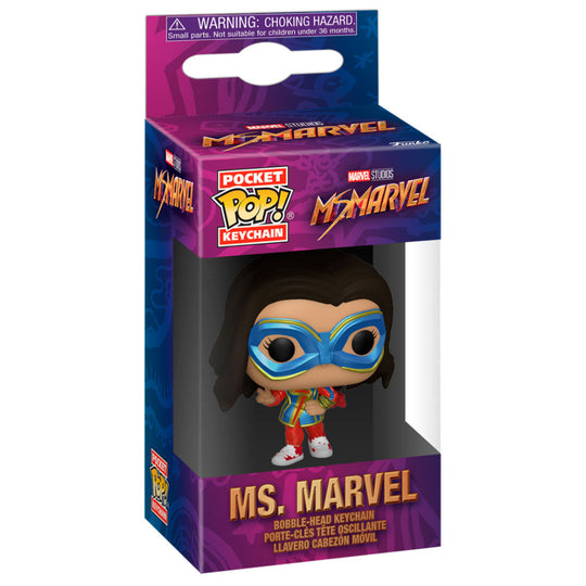 Porte-clés Ms. Marvel Marvel Pocket POP suspendu, illustrant sa taille compacte et sa robustesse