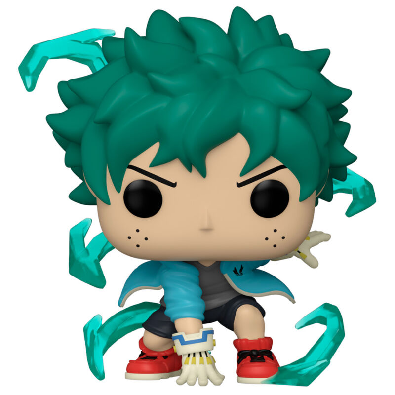 Figurine Izuku Midoriya Funko POP vue de côté montrant la posture dynamique et les détails du visage expressif