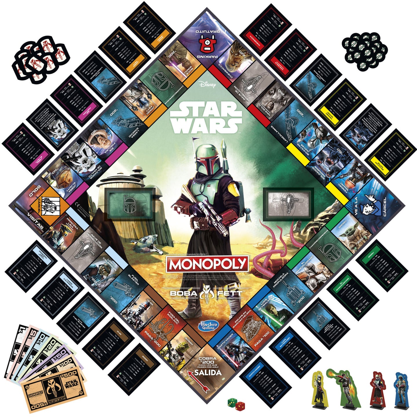 Pions et accessoires officiels du Monopoly Boba Fett en espagnol, prêts pour la partie