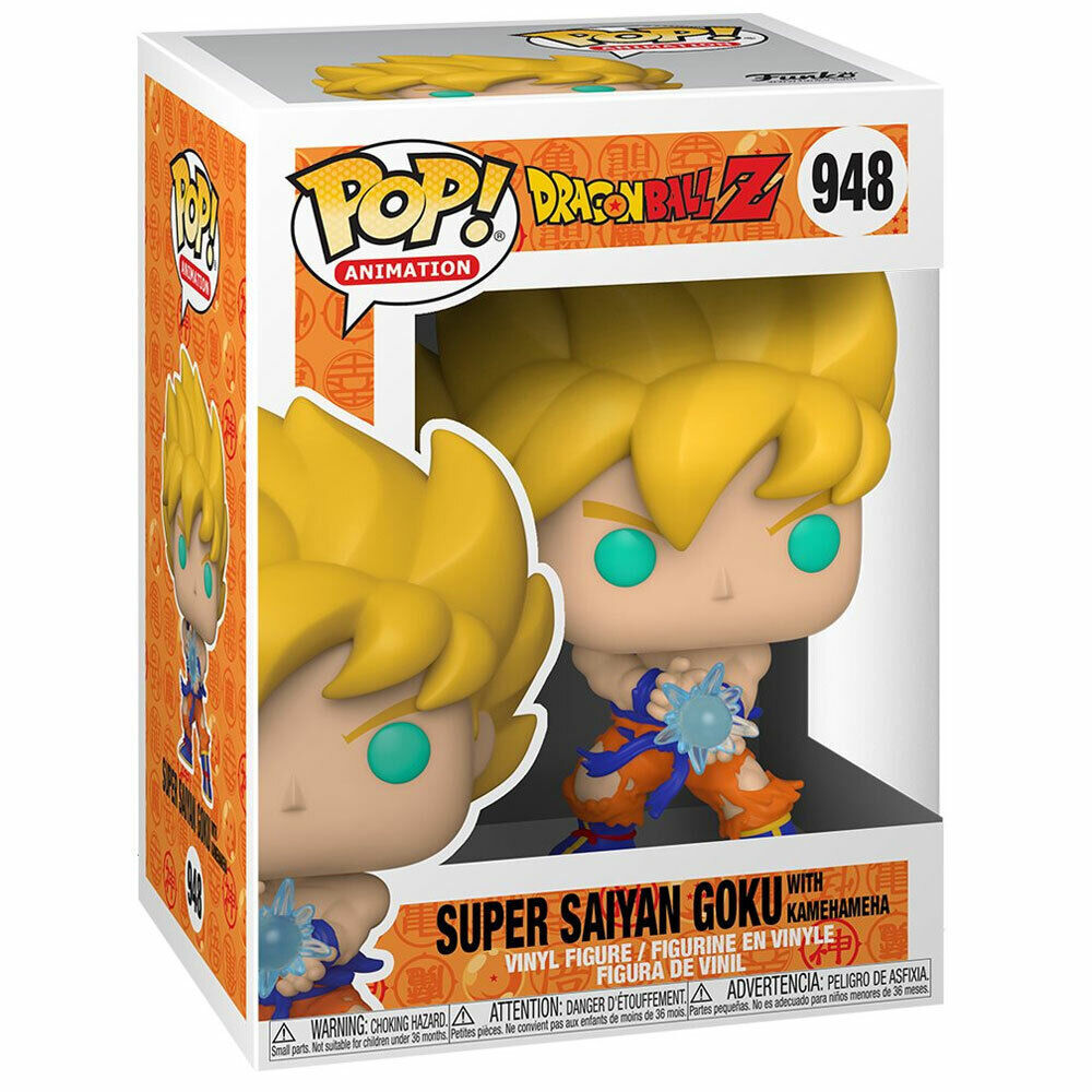 Vue rapprochée de la figurine Funko POP Goku Super Saiyan avec détails sur la coiffure dorée et l'onde énergétique bleue.
