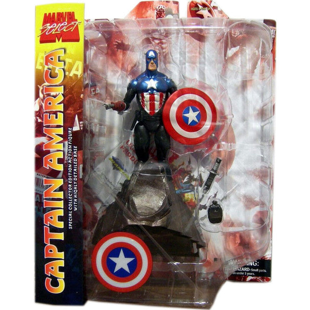 Vue rapprochée de la figurine Captain America Marvel Select montrant les détails de la tenue et du bouclier