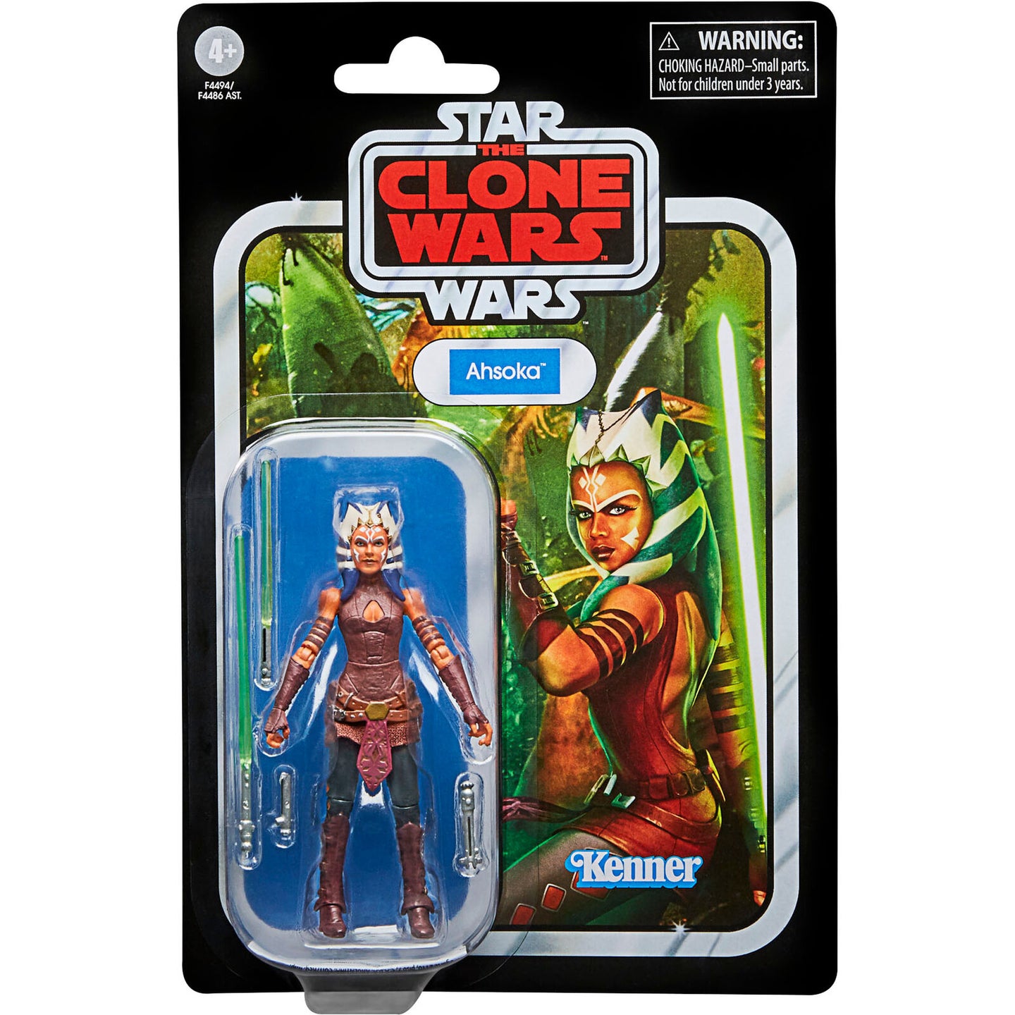 Présentation complète de la figurine Ahsoka Tano vintage 9,5 cm avec accessoires sur fond blanc