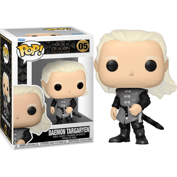 Figurine Funko POP Daemon Targaryen de 9 cm en vinyle avec détails précis et couleurs vives, présentée dans sa boîte cadeau.