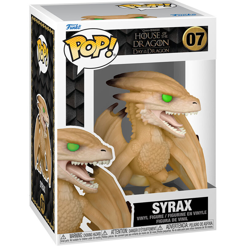 Détail de la figurine Funko POP Syrax avec ses couleurs vives et son design fidèle à Game of Thrones House of the Dragon