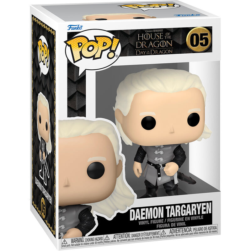 Emballage officiel Funko POP de la figurine Daemon Targaryen, idéal pour collectionneurs et fans de Game of Thrones.