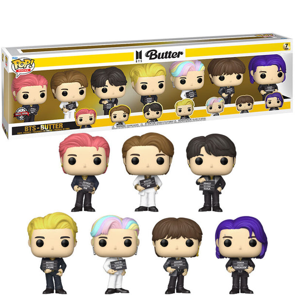 Vue de face du pack complet de 7 figurines FUNKO POP BTS Butter avec détails colorés et expressions uniques.
