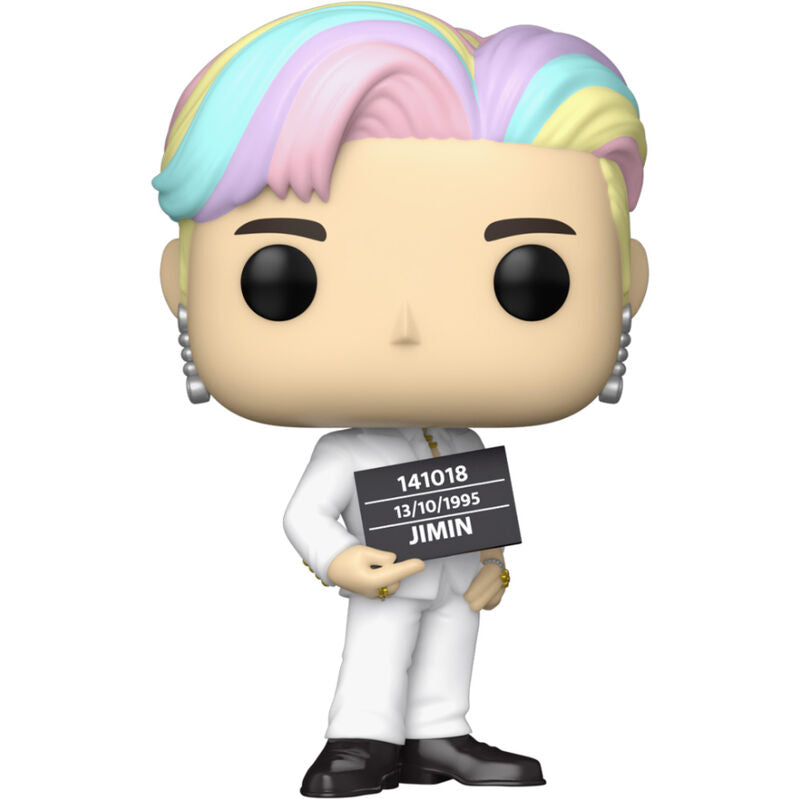 Vue de côté de la figurine Funko POP BTS Jimin montrant sa boîte cadeau officielle FUNKO