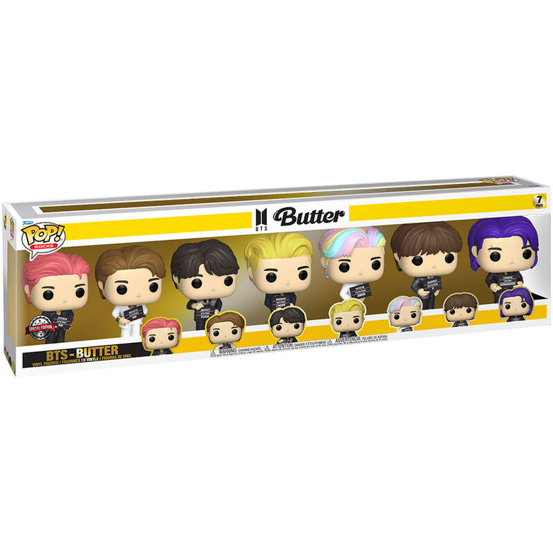 Présentation latérale du pack exclusif FUNKO POP BTS Butter avec les 7 membres en pose dynamique et costumes colorés.