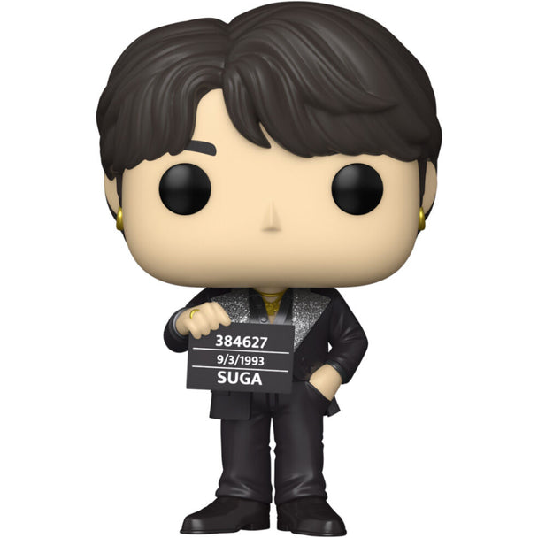Vue rapprochée de la figurine Funko POP BTS Suga montrant les détails du visage et des vêtements