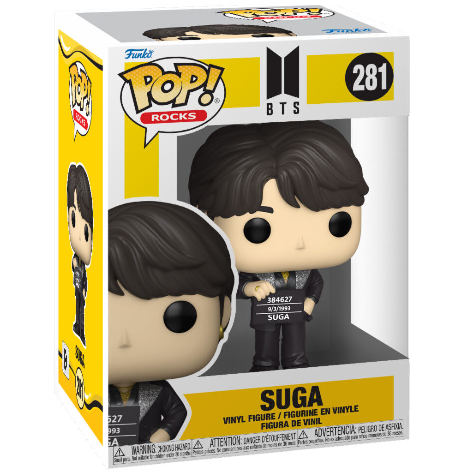 Packaging original de la figurine Funko POP BTS Suga avec logo BTS et FUNKO visible