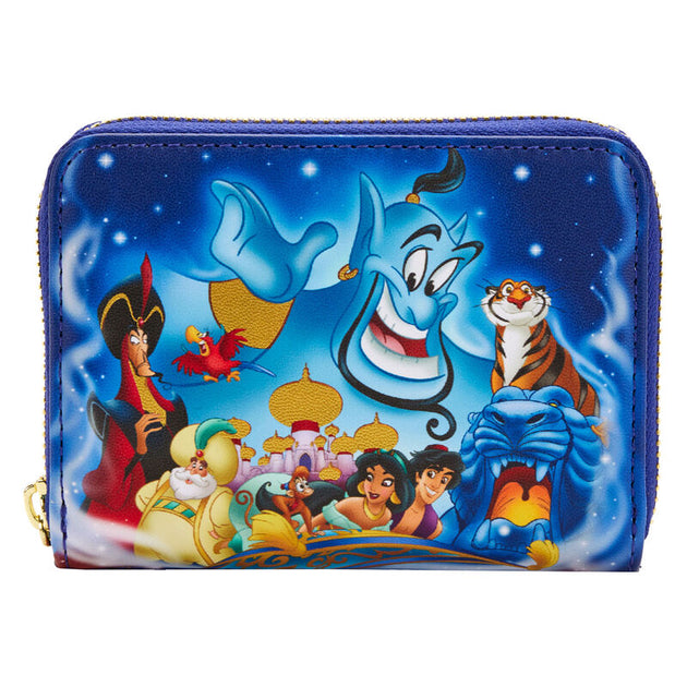 Vue de face du portefeuille Loungefly Disney Aladdin 30e anniversaire en cuir vegan avec fermeture zippée dorée