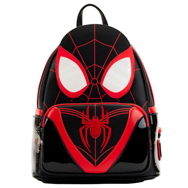 Sac à dos Loungefly Marvel Spider-Man Miles Morales vue de face avec détails en cuir vegan et appliqués nacrés