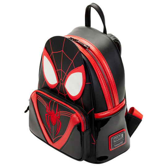 Vue latérale du sac à dos Loungefly Spider-Man Miles Morales montrant la fermeture robuste en métal
