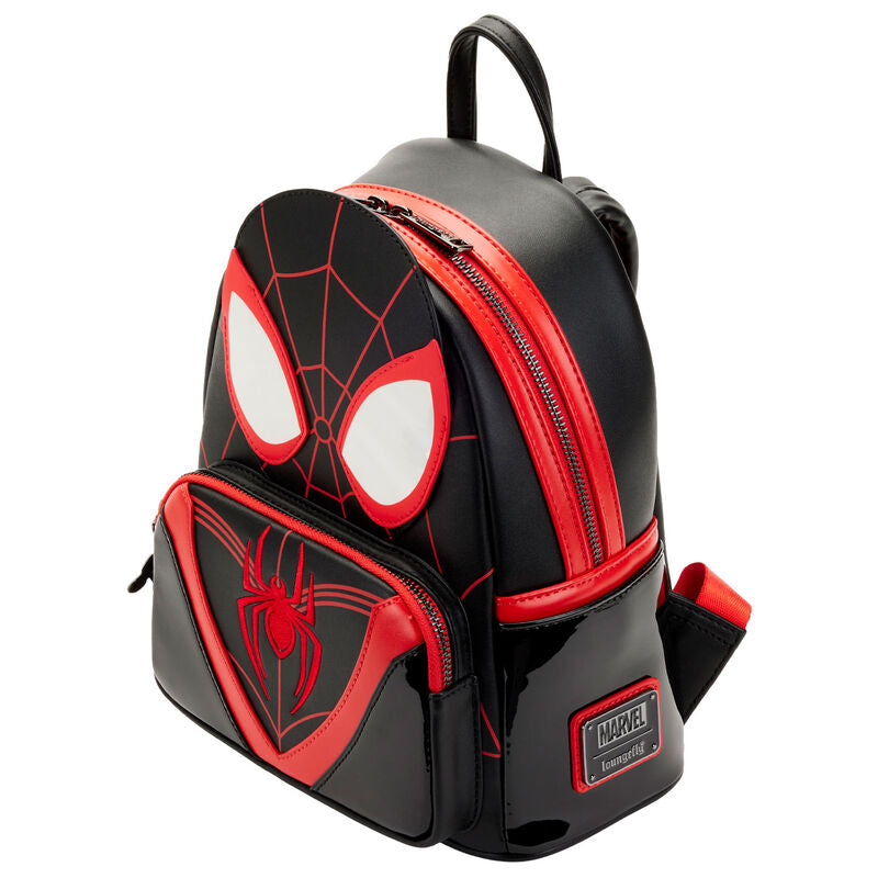 Vue latérale du sac à dos Loungefly Spider-Man Miles Morales montrant la fermeture robuste en métal