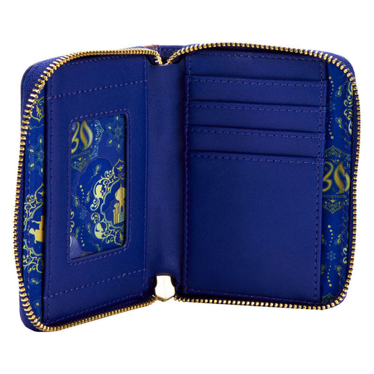 Image du portefeuille Loungefly Aladdin 30e anniversaire ouvert, révélant ses compartiments et sa fermeture zippée