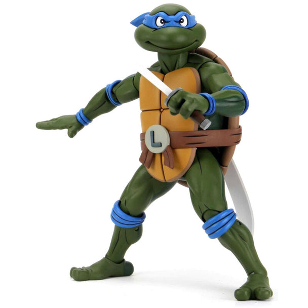 Figurine articulée Leonardo Tortues Ninja NECA de 38cm en position dynamique avec ses accessoires