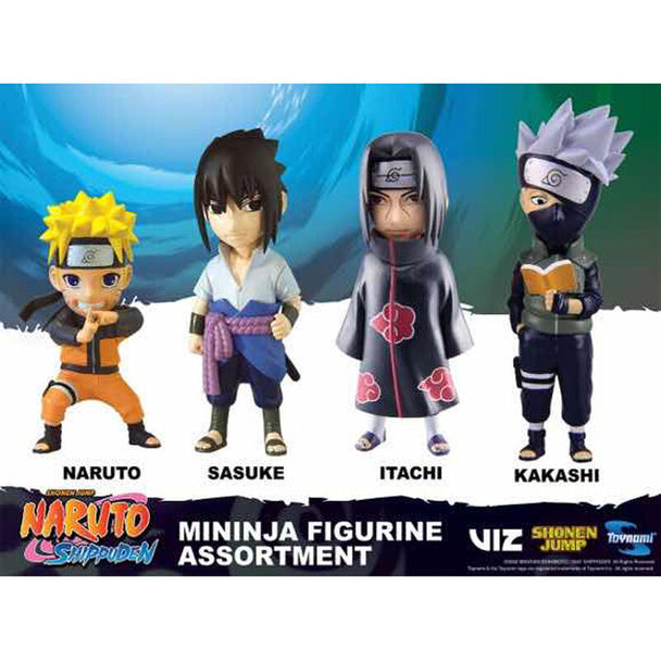 Figurines Naruto Shippuden Mininja 5cm comprenant Sasuke, Kakashi, Naruto et Itachi, présentées ensemble sur fond blanc.