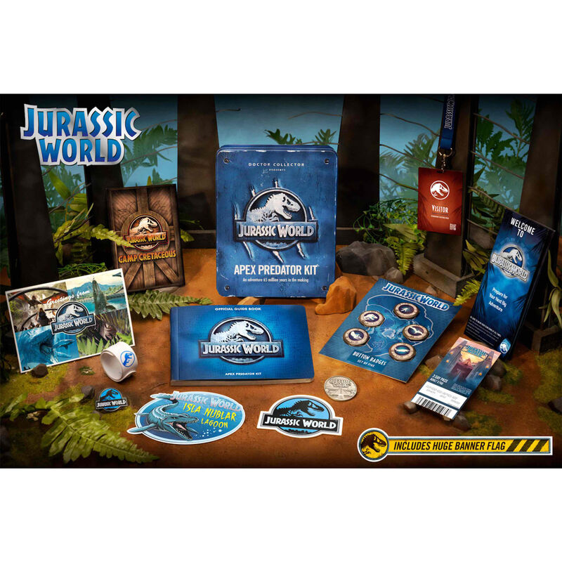 Drapeau officiel Jurassic World et collection de badges, pins et cartes postales exclusives