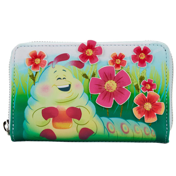 Portefeuille Loungefly Bugs Life vu de face avec fermeture éclair argentée et design floral