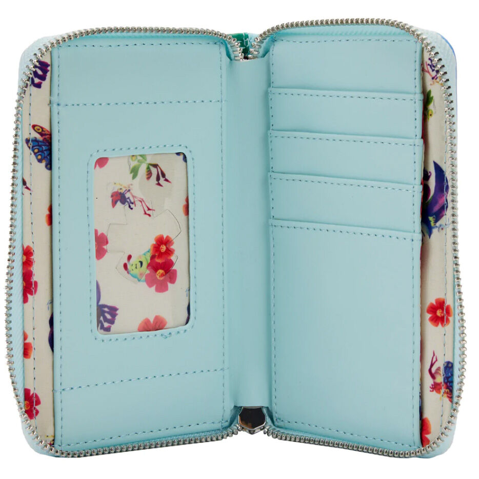 Vue intérieure du portefeuille Loungefly Bugs Life montrant la doublure assortie et les détails brodés