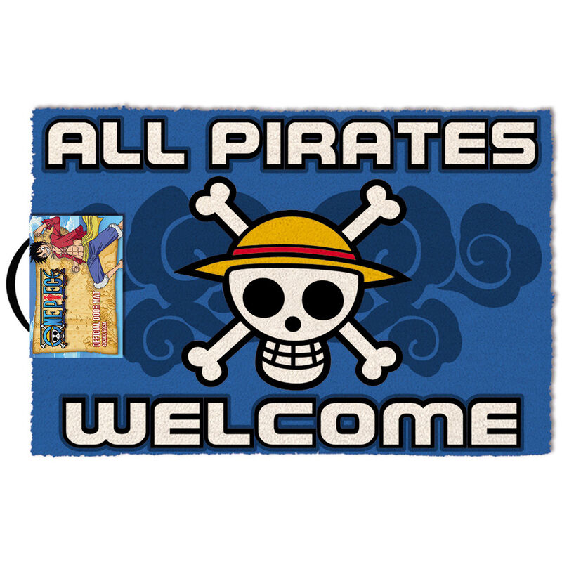 Paillasson One Piece "All Pirates Welcome" en fibre de coco épaisse 60x40 cm avec dos vinyle antidérapant, parfait pour intérieur et extérieur.