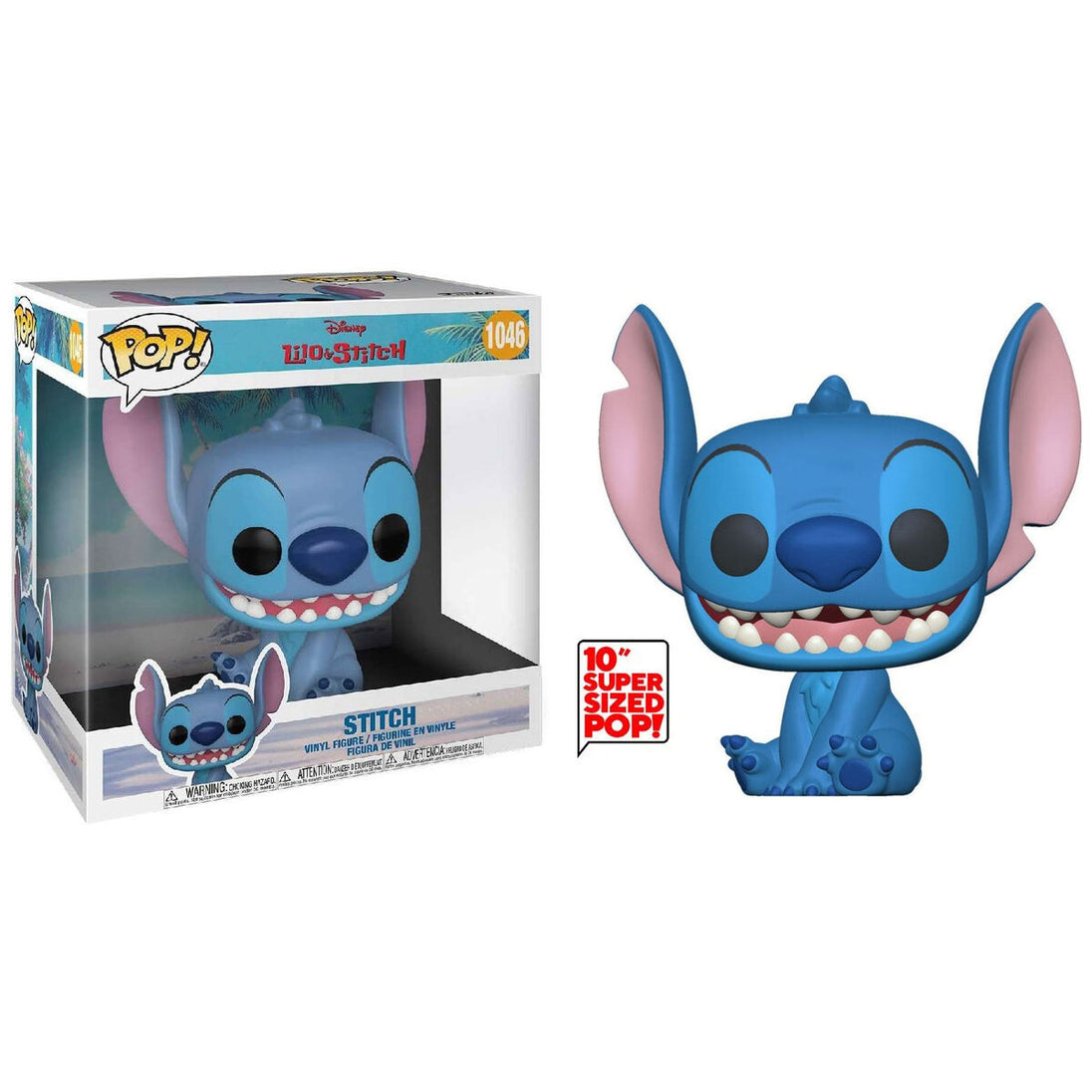 Figurine Funko POP Stitch de 25cm posée sur une étagère avec un fond neutre