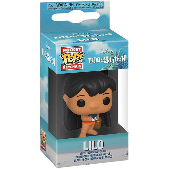 Vue rapprochée du porte-clés Lilo & Stitch FUNKO Pocket POP montrant les détails colorés de Lilo avec son appareil photo