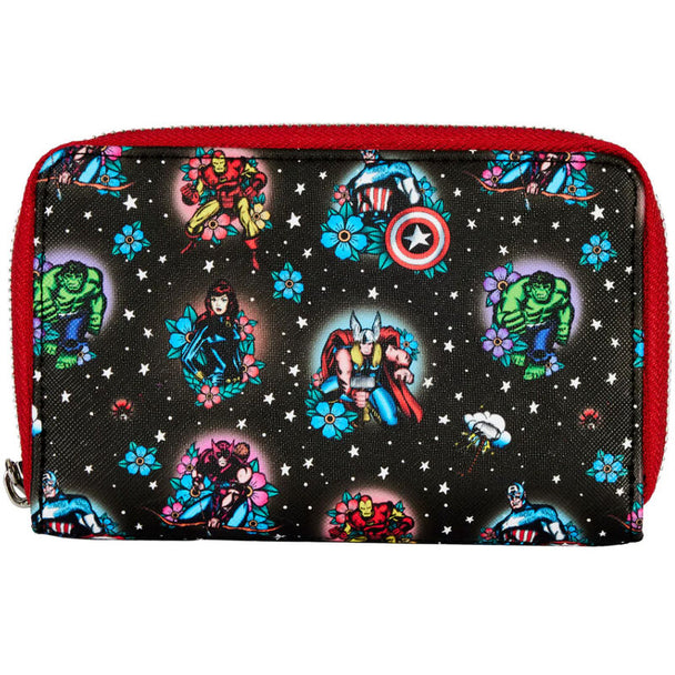 Portefeuille Loungefly Marvel Avengers en cuir vegan avec fermeture éclair argentée visible de face