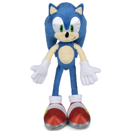 Peluche Sonic officielle SEGA de 30 cm, vue de face avec détails bleus et blancs sur fond clair.