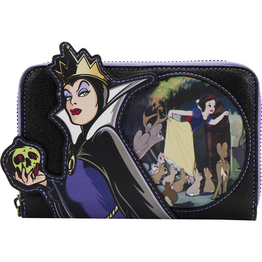 Portefeuille Loungefly Disney Reine Maléfique vu de face avec zip fermé et détails glitter