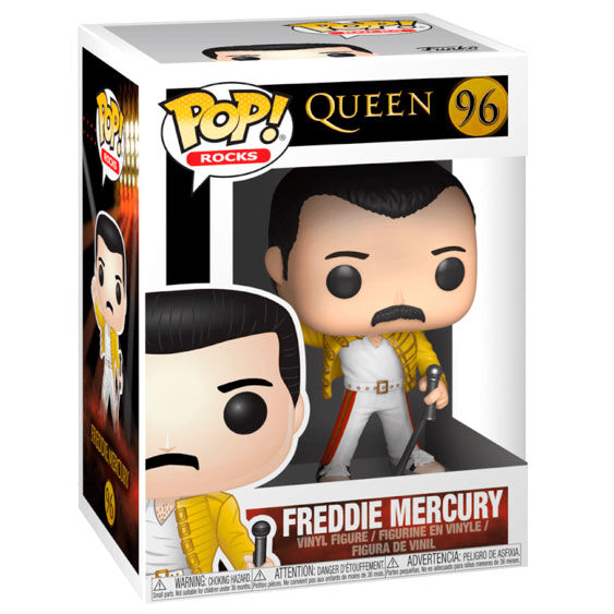Figurine Funko POP de Freddie Mercury en tenue emblématique du concert Wembley 1986, vue de face